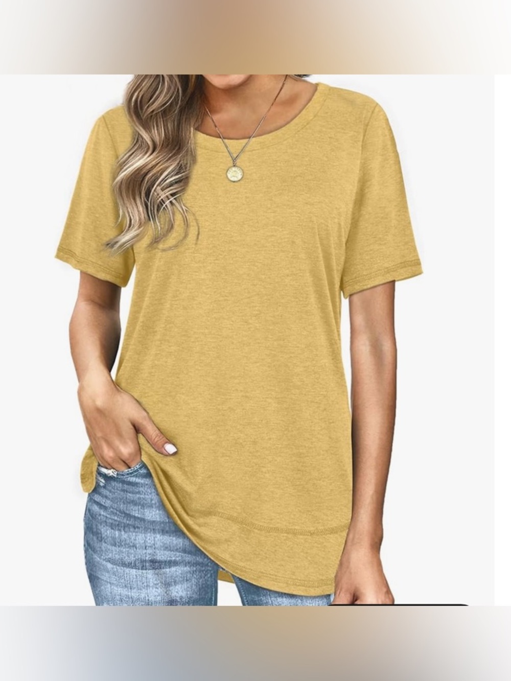 Women’s Short-Sleeve Tunic Top in Mustard Curved Hem•Size XL - Picture 3 of 5